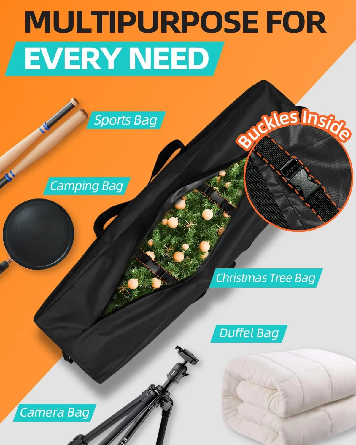 48'' Sports Duffle Bag - Extra Large Travel Duffel Tote Bag Gym Overnight Weekender Shopping Christmas Tree Bag with 2-Way Durable Zippers Water Resistant, Black, 2 Pack