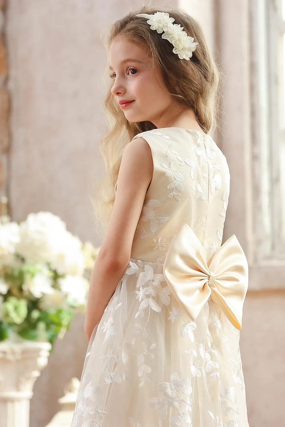 A line Wedding Pageant Lace Flower Girl Dress with Belt 2-12 Year Old