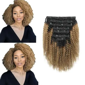 ABH AMAZINGBEAUTY HAIR 4A 4B Curly Clip in Hair Extensions Human Hair Afro Curly Clip ins for Black Women 120g 7 Pieces With 17 Clips, Rooted Black to Blonde 14 Inch