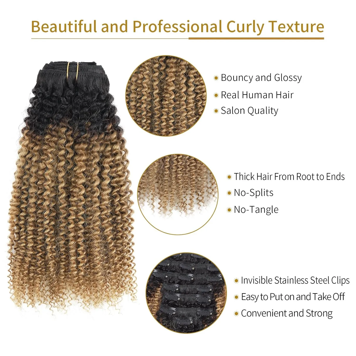 ABH AMAZINGBEAUTY HAIR 4A 4B Curly Clip in Hair Extensions Human Hair Afro Curly Clip ins for Black Women 120g 7 Pieces With 17 Clips, Rooted Black to Blonde 14 Inch