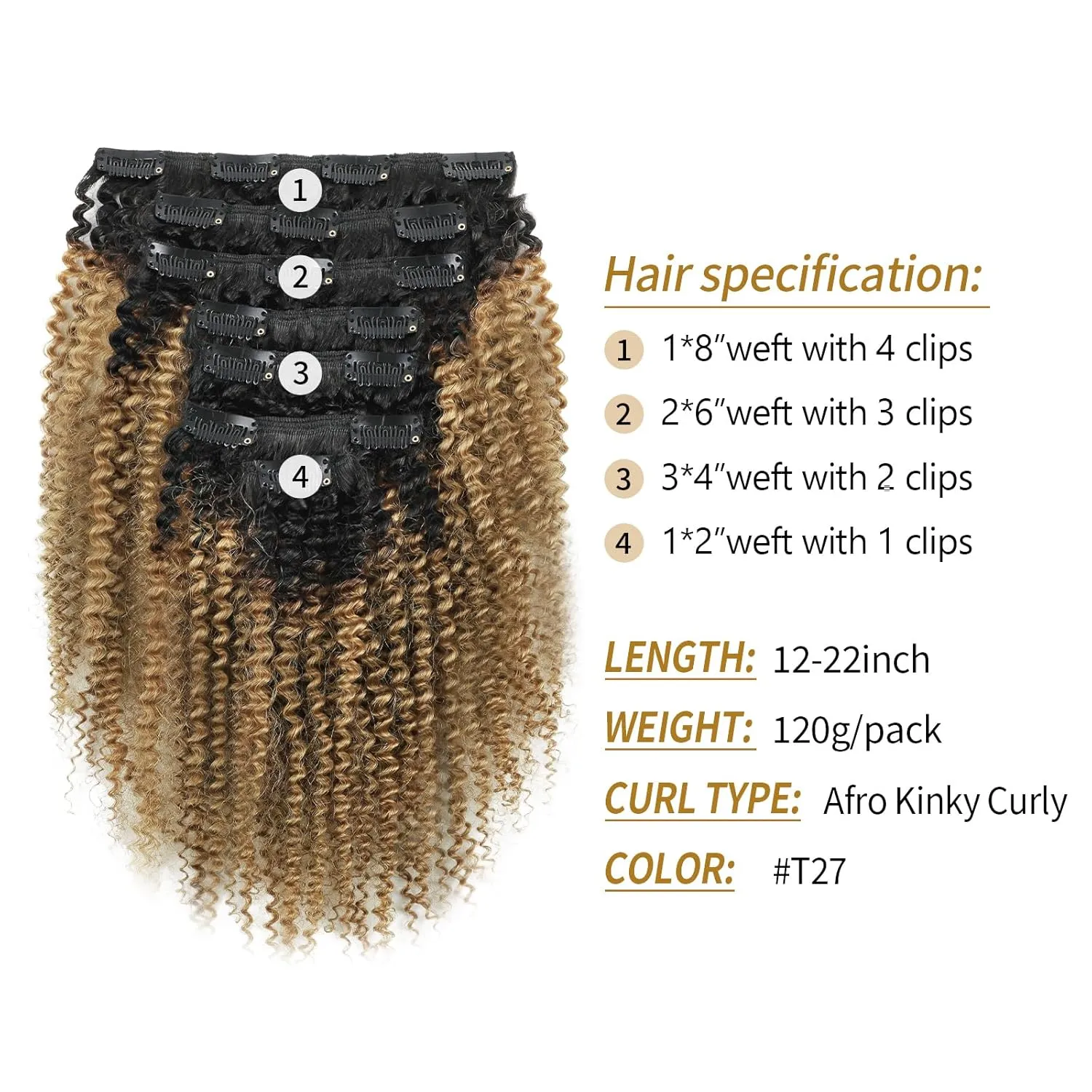 ABH AMAZINGBEAUTY HAIR 4A 4B Curly Clip in Hair Extensions Human Hair Afro Curly Clip ins for Black Women 120g 7 Pieces With 17 Clips, Rooted Black to Blonde 14 Inch