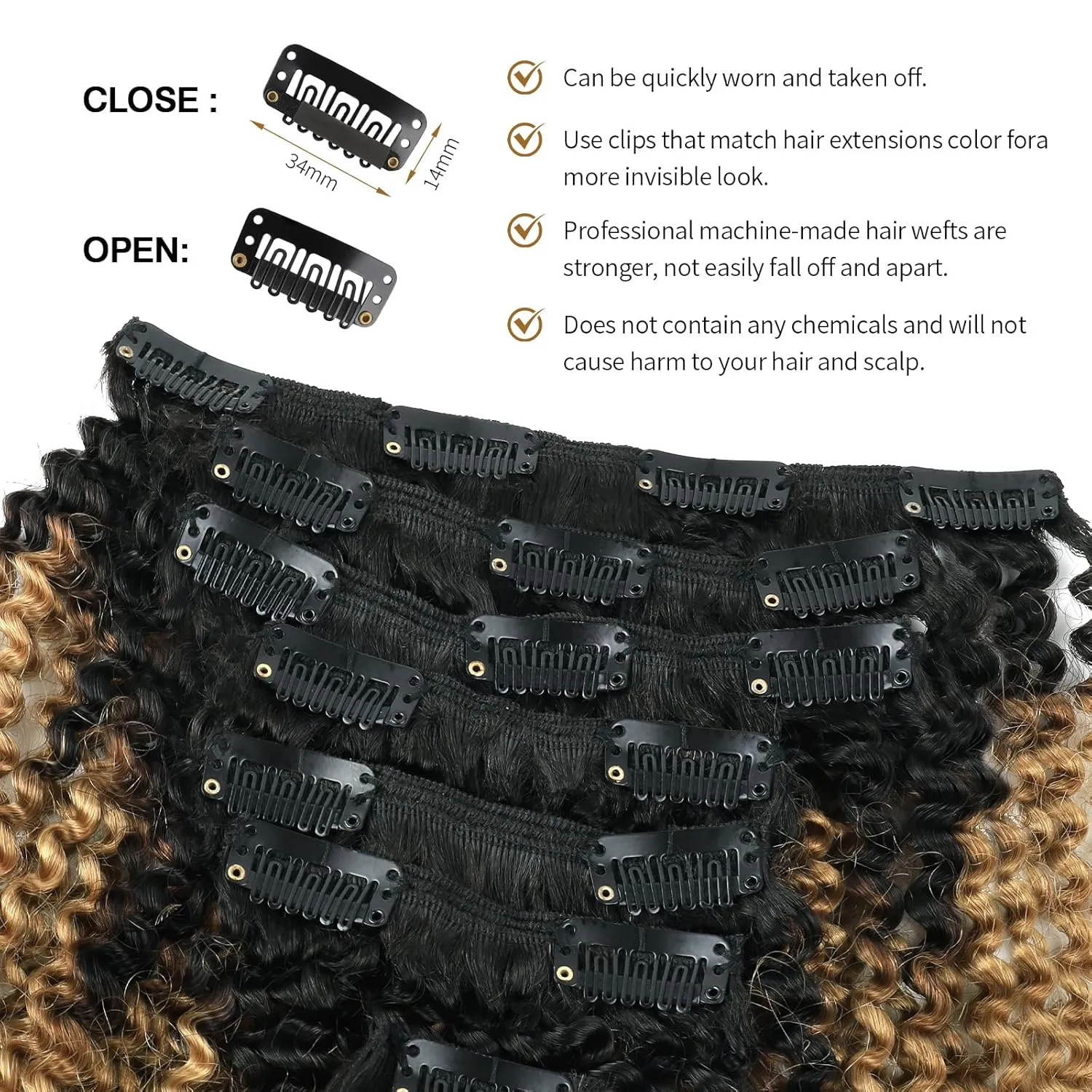 ABH AMAZINGBEAUTY HAIR 4A 4B Curly Clip in Hair Extensions Human Hair Afro Curly Clip ins for Black Women 120g 7 Pieces With 17 Clips, Rooted Black to Blonde 14 Inch