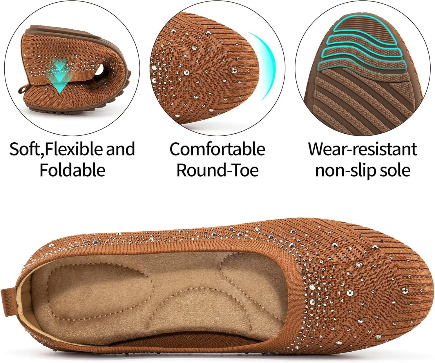 Almusen Ballets Flats for Women Dressy: Comfortable Soft Knit Work Flats Glitter Rhinestone Round Toe Casual Shoes for Office Wedding