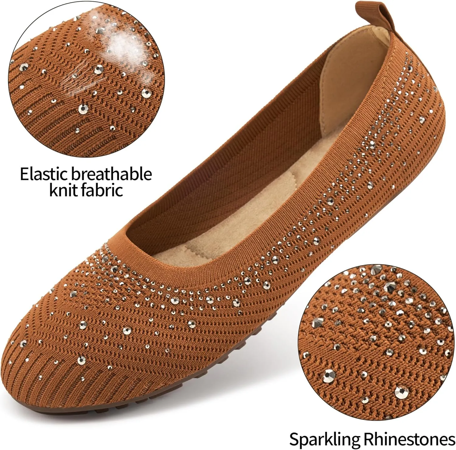 Almusen Ballets Flats for Women Dressy: Comfortable Soft Knit Work Flats Glitter Rhinestone Round Toe Casual Shoes for Office Wedding