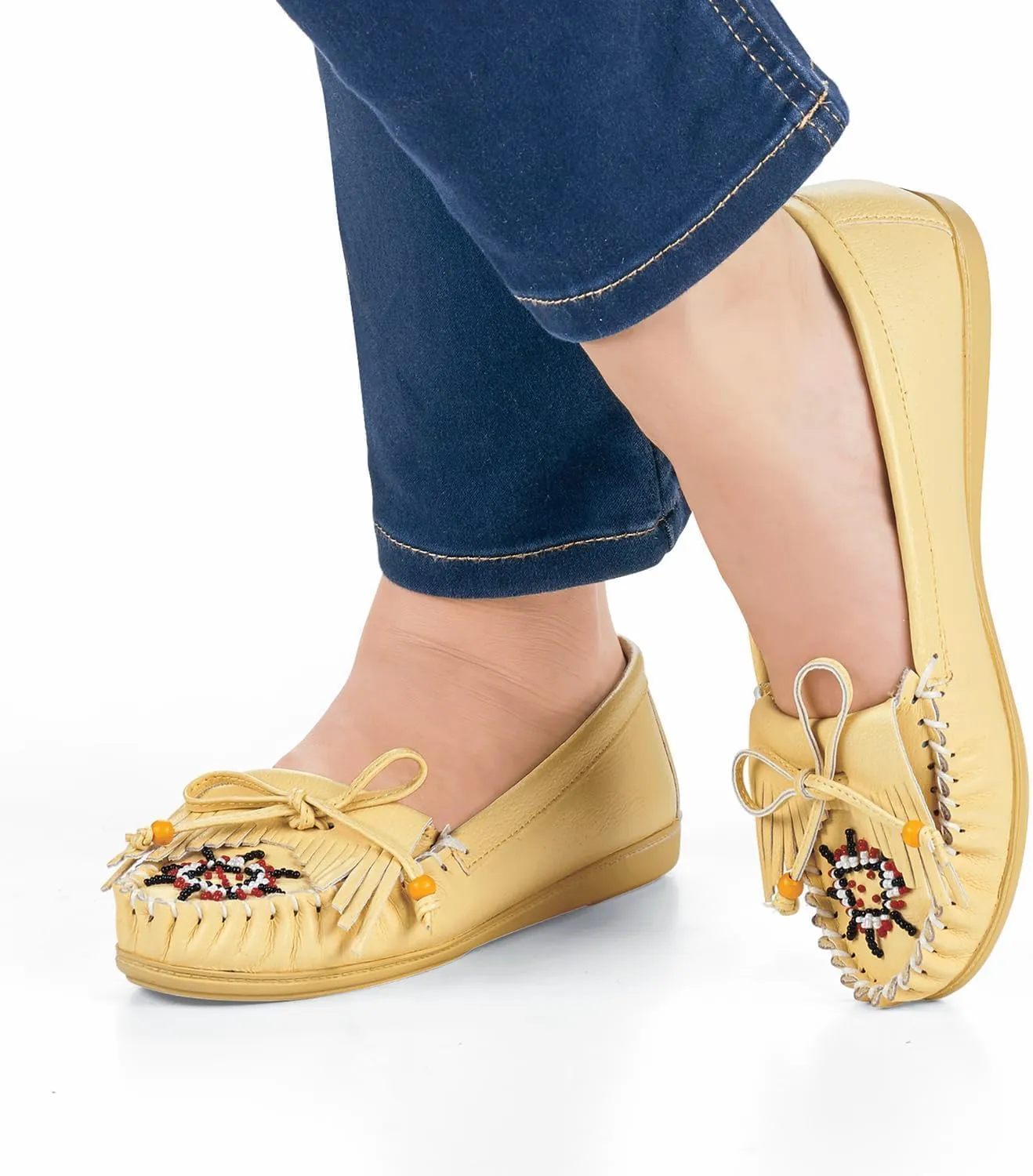 AmeriMark Beaded Moccasin Slip-Ons - Leather and Faux Suede Loafers, Arch Support and Padding, Driving Mocs - Comfortable and Stylish Shoes