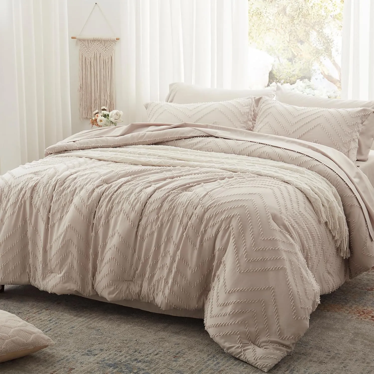 Anluoer Twin Comforter Set, Khaki Tufted Bed in a Bag 5 Pieces with comforters and Sheets, All Season Bedding Sets with 1 Comforter, 1 PillowShams, 1 Pillowcases, 1 Flat Sheet, 1 Fitted Sheet