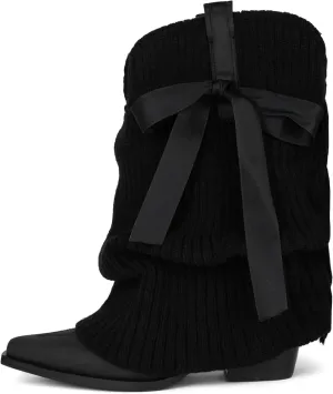 Arqa Women's Bows Western Boots Knitted Fold Over Ballet Style Ankle Boots for Women Pointed Block Heel Embroidery Cowgirl Booties