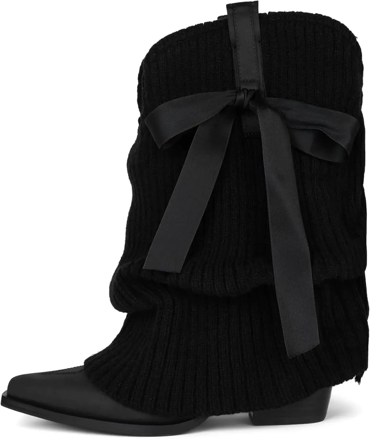 Arqa Women's Bows Western Boots Knitted Fold Over Ballet Style Ankle Boots for Women Pointed Block Heel Embroidery Cowgirl Booties