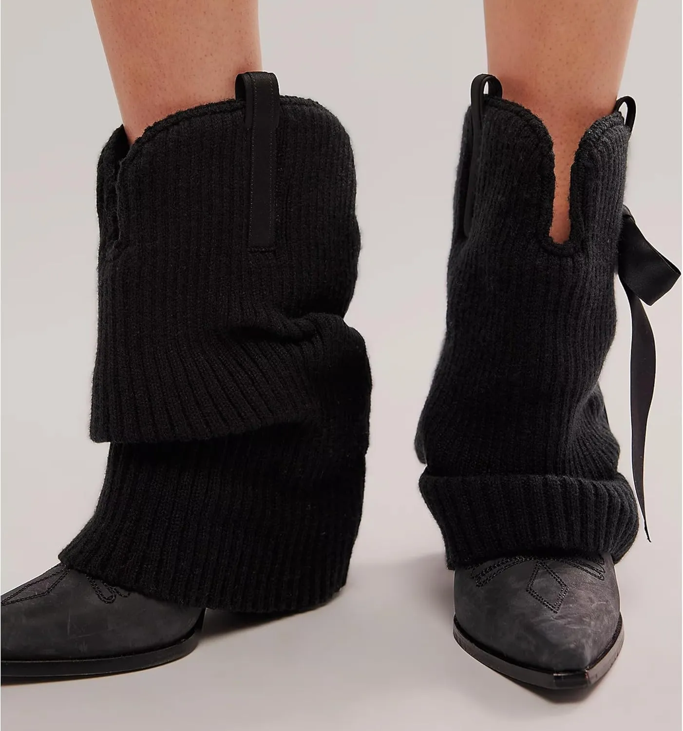 Arqa Women's Bows Western Boots Knitted Fold Over Ballet Style Ankle Boots for Women Pointed Block Heel Embroidery Cowgirl Booties