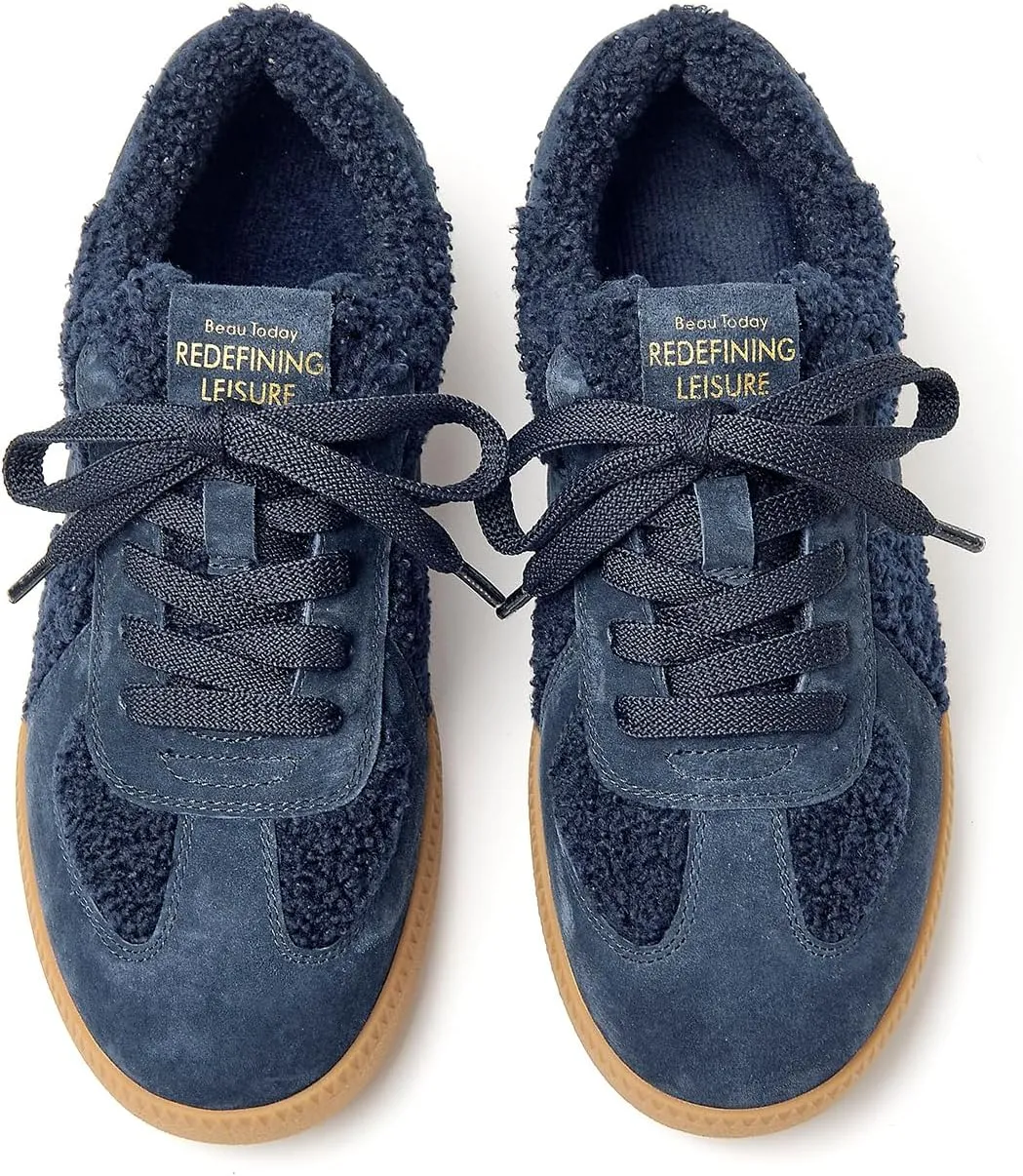 BEAU TODAY Sneaker Boots for Women,Fur Lined Winter Shoes for Women,Comfortable Platform Leather Retro OG Sneakers,Slip-on Tennis Runnig Trainer Shoes
