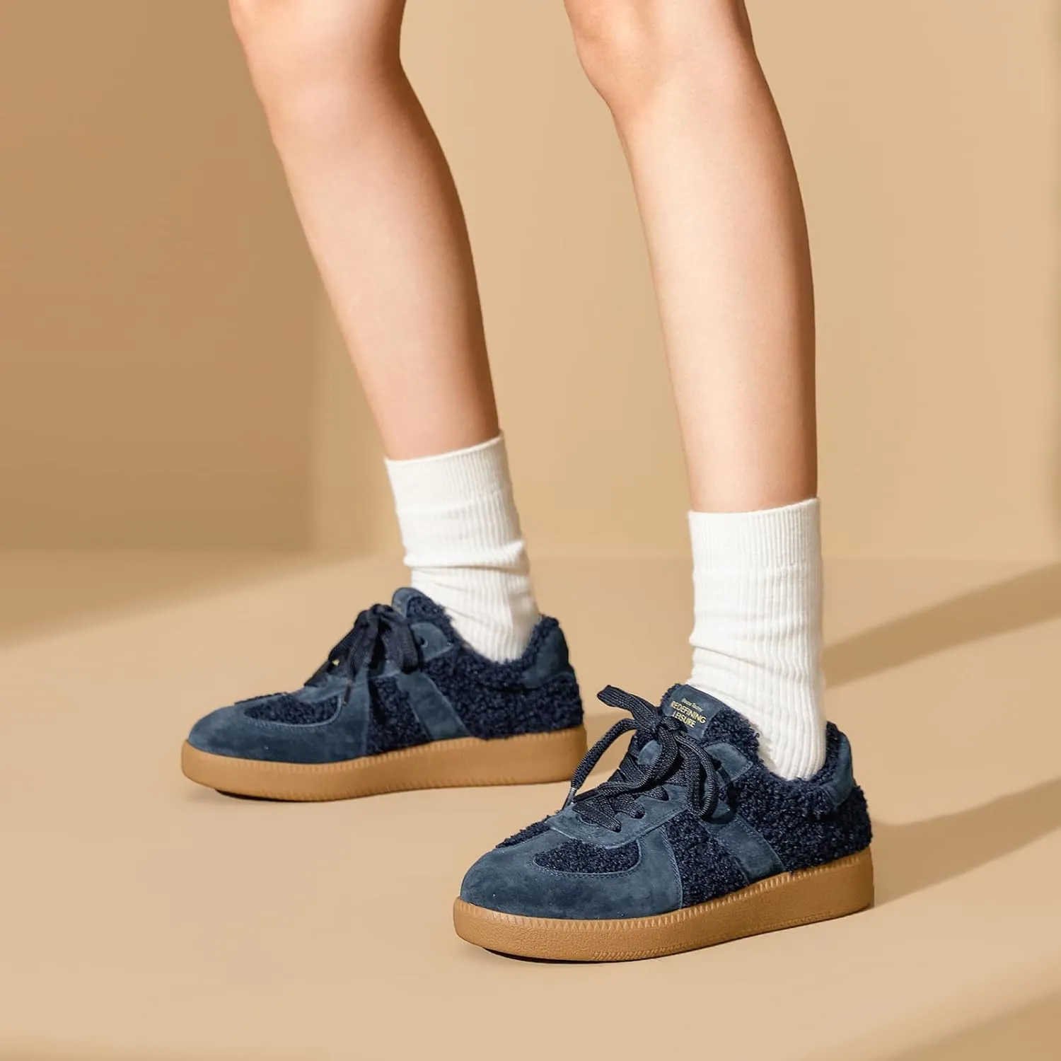 BEAU TODAY Sneaker Boots for Women,Fur Lined Winter Shoes for Women,Comfortable Platform Leather Retro OG Sneakers,Slip-on Tennis Runnig Trainer Shoes