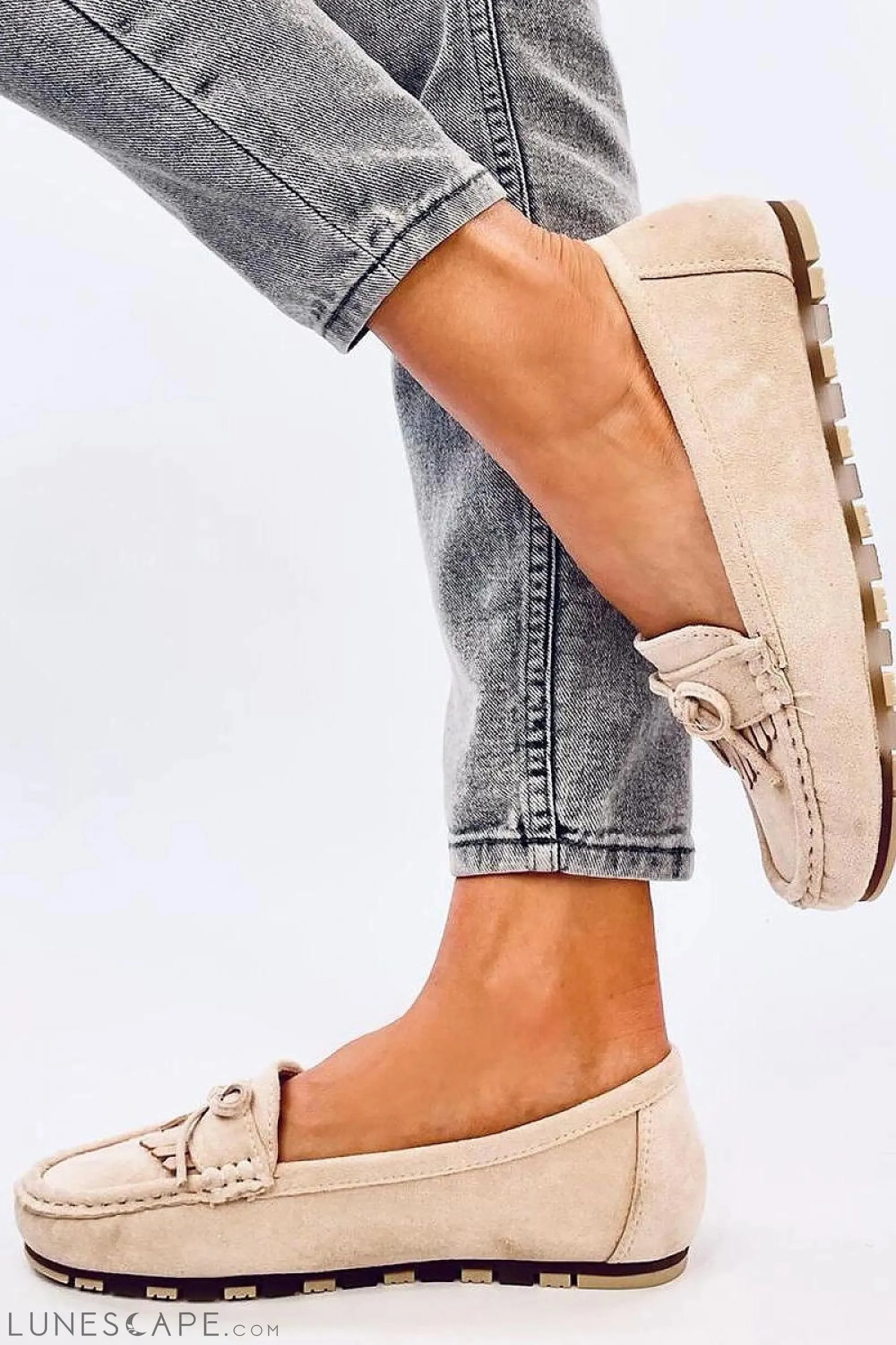Beige Eco-Suede Women’s Driving Loafers with Fringe and Bow Detail
