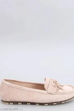 Beige Eco-Suede Women’s Driving Loafers with Fringe and Bow Detail