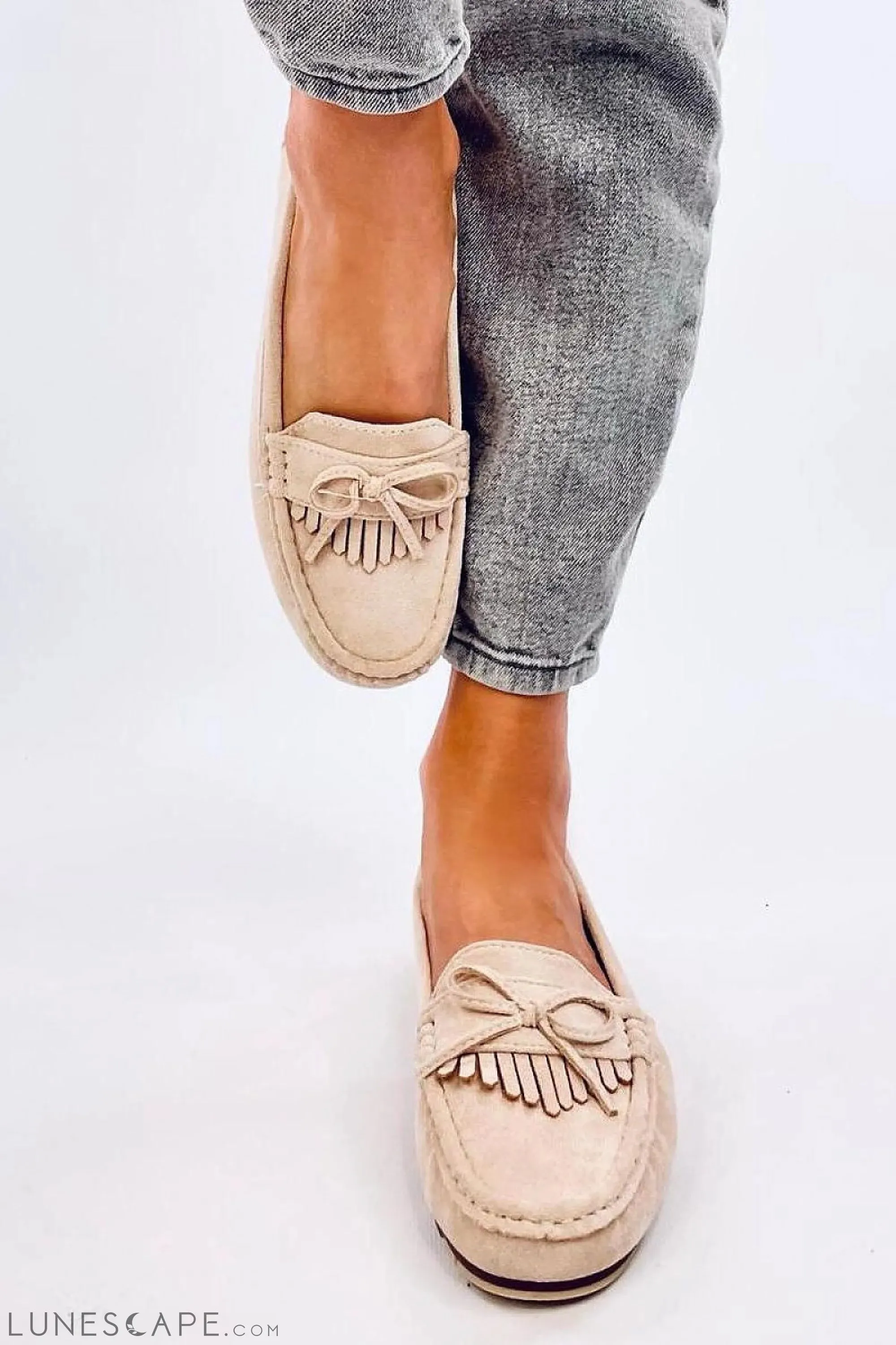 Beige Eco-Suede Women’s Driving Loafers with Fringe and Bow Detail
