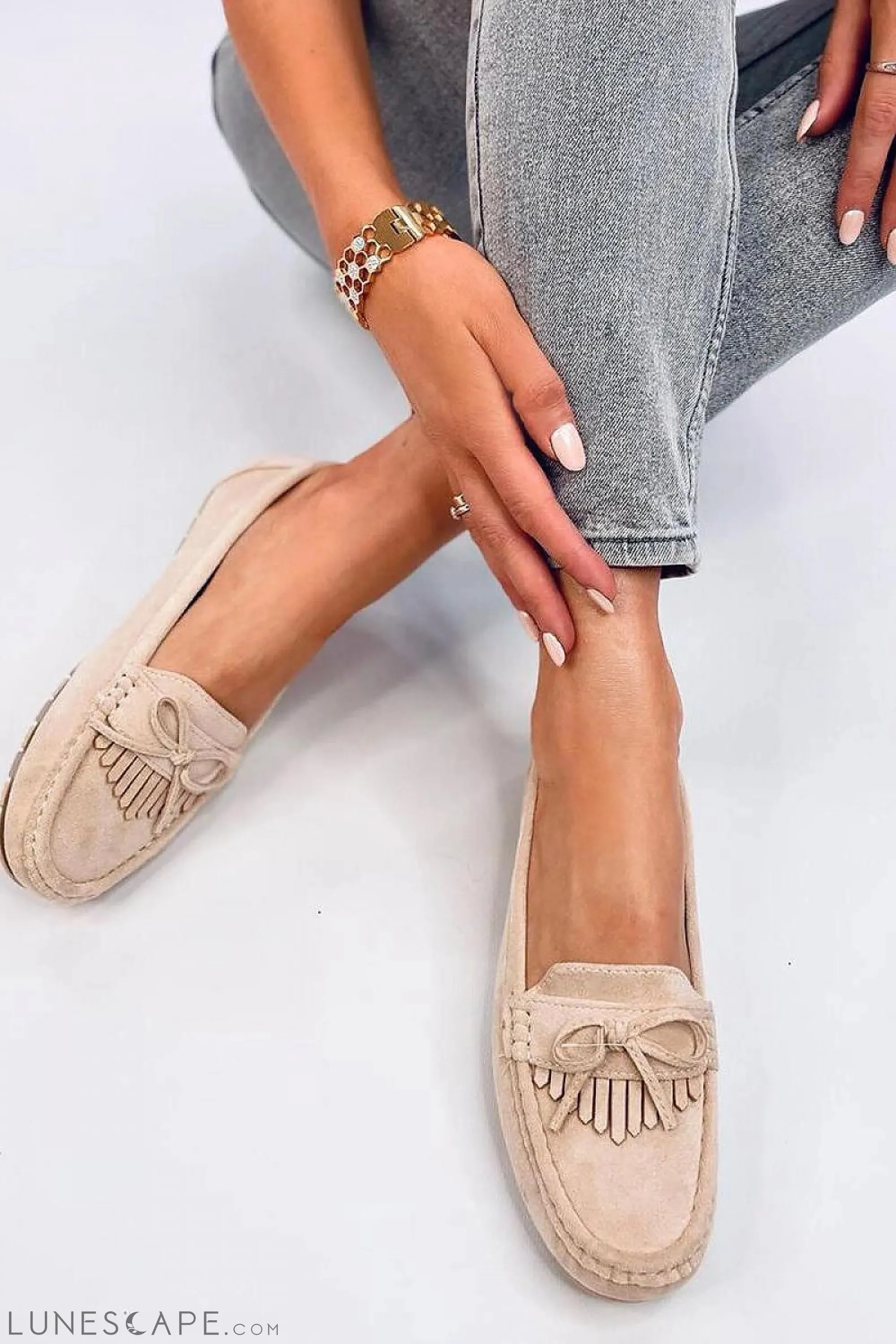 Beige Eco-Suede Women’s Driving Loafers with Fringe and Bow Detail