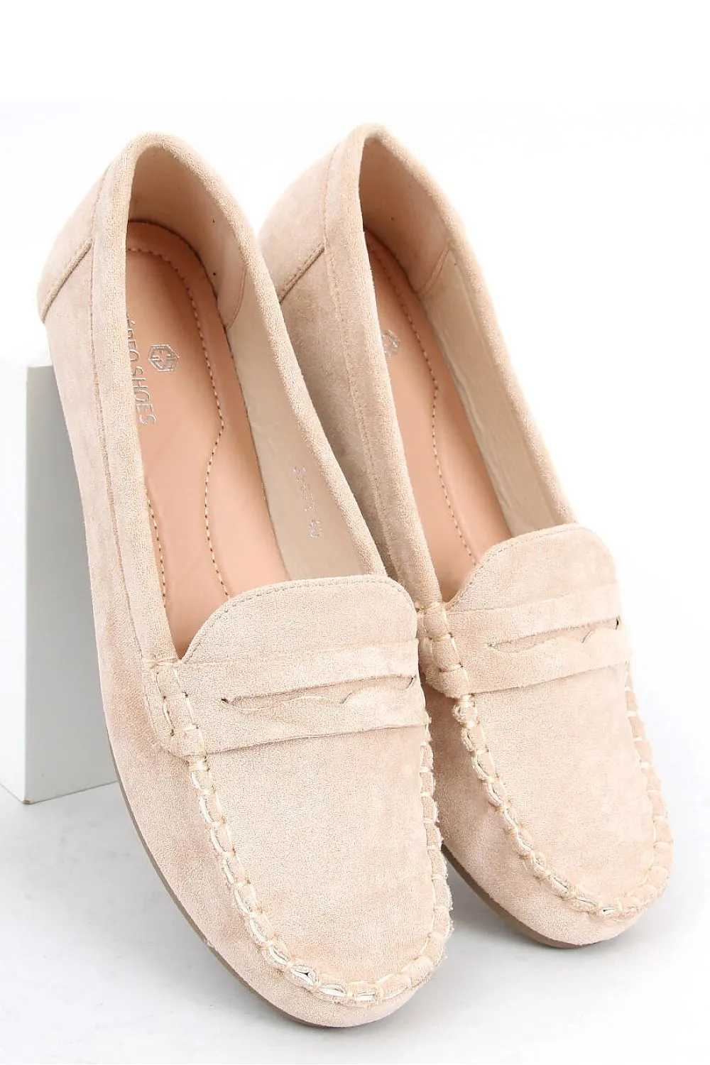 Beige Eco-Suede Women’s Moccasin Loafers with Hand-Stitched Detailing
