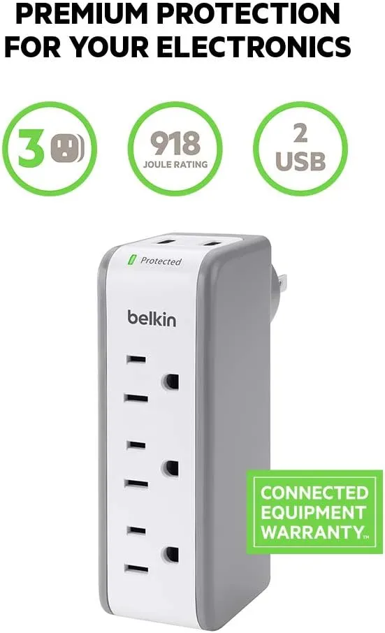 Belkin Wall Mount Surge Protector - 3 AC Multi Outlets & 2 USB Charger Ports - Heavy Duty Flat Rotating Plug for Home, Office, Travel, Computer Desktop & Phone Charging Brick (918 Joules)