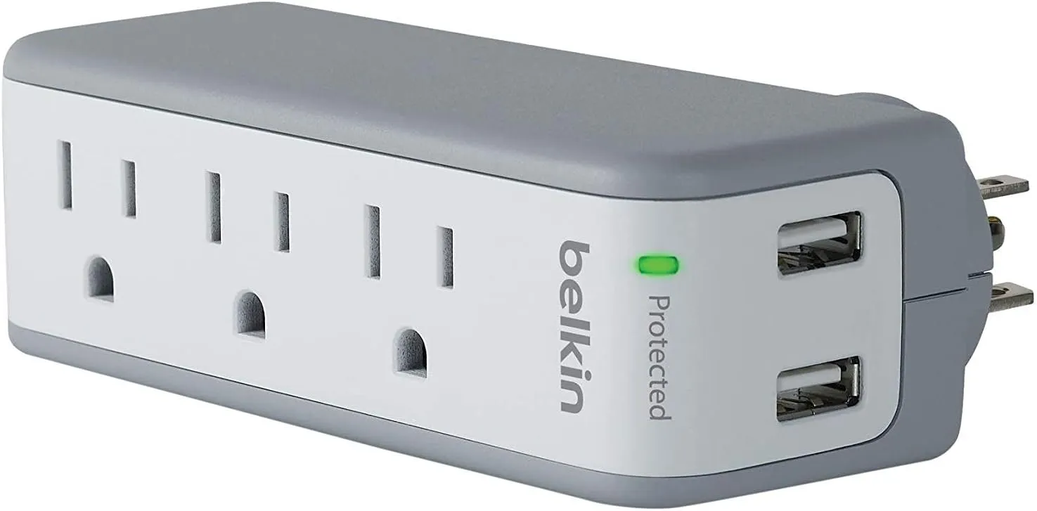 Belkin Wall Mount Surge Protector - 3 AC Multi Outlets & 2 USB Charger Ports - Heavy Duty Flat Rotating Plug for Home, Office, Travel, Computer Desktop & Phone Charging Brick (918 Joules)