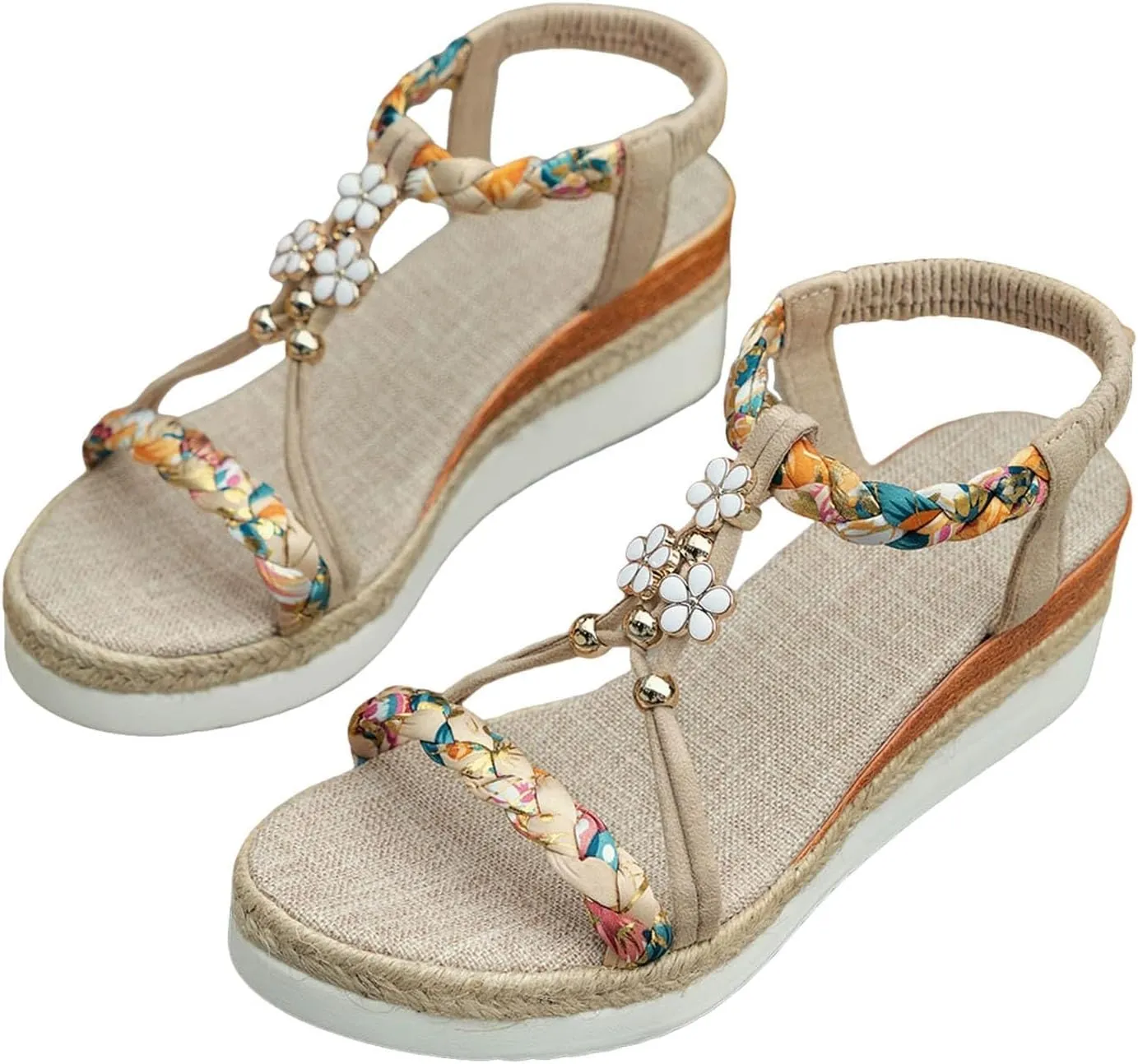 Bohemian Low Wedge Sandals for Women Summer Fashion Wide Width Platform Slip On Ankle Strap Beach Shoes Casual Fashion Multicoloured Open Toe Woven Sandals