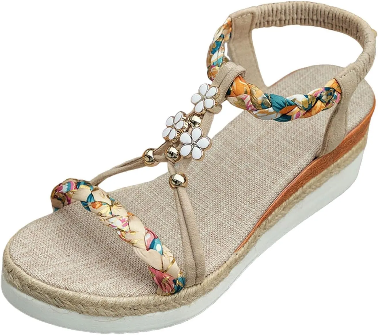 Bohemian Low Wedge Sandals for Women Summer Fashion Wide Width Platform Slip On Ankle Strap Beach Shoes Casual Fashion Multicoloured Open Toe Woven Sandals