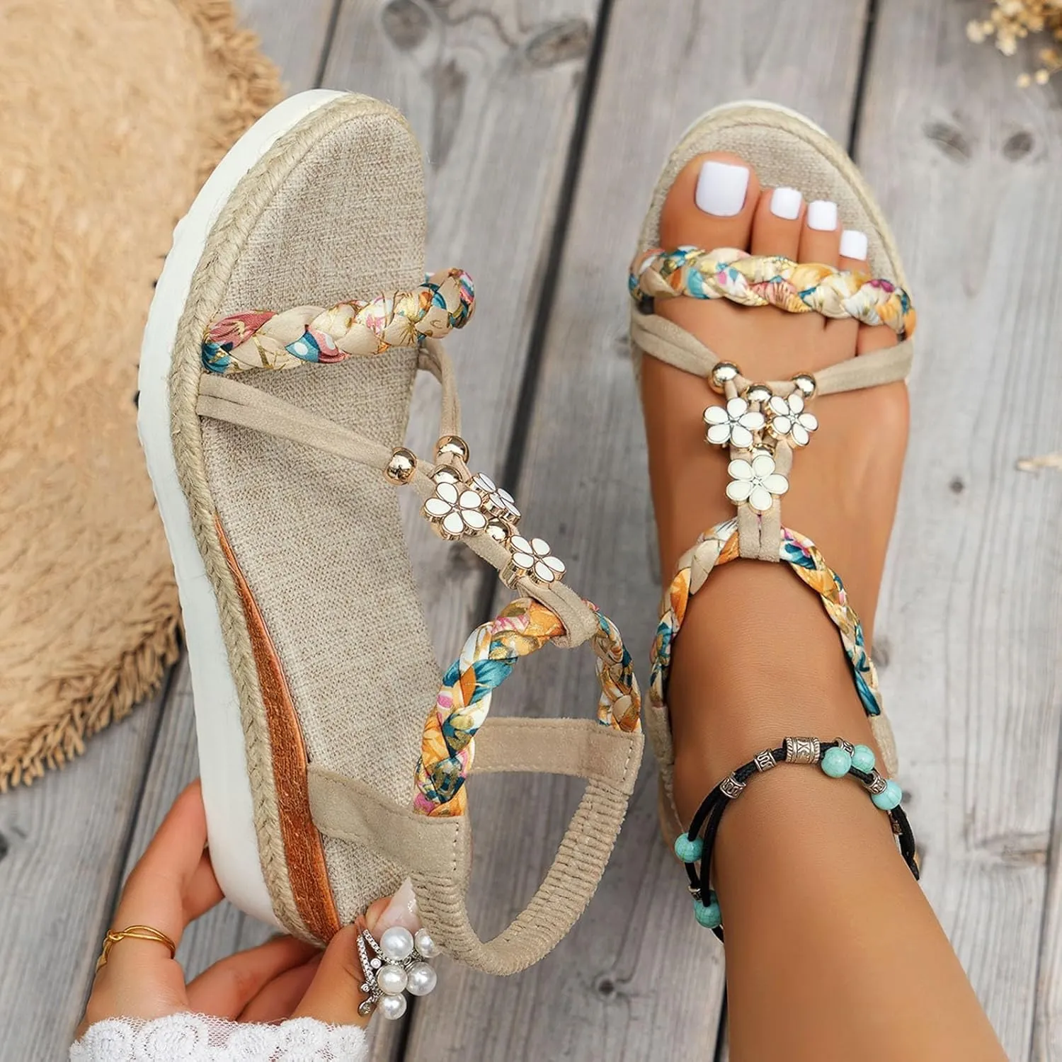 Bohemian Low Wedge Sandals for Women Summer Fashion Wide Width Platform Slip On Ankle Strap Beach Shoes Casual Fashion Multicoloured Open Toe Woven Sandals