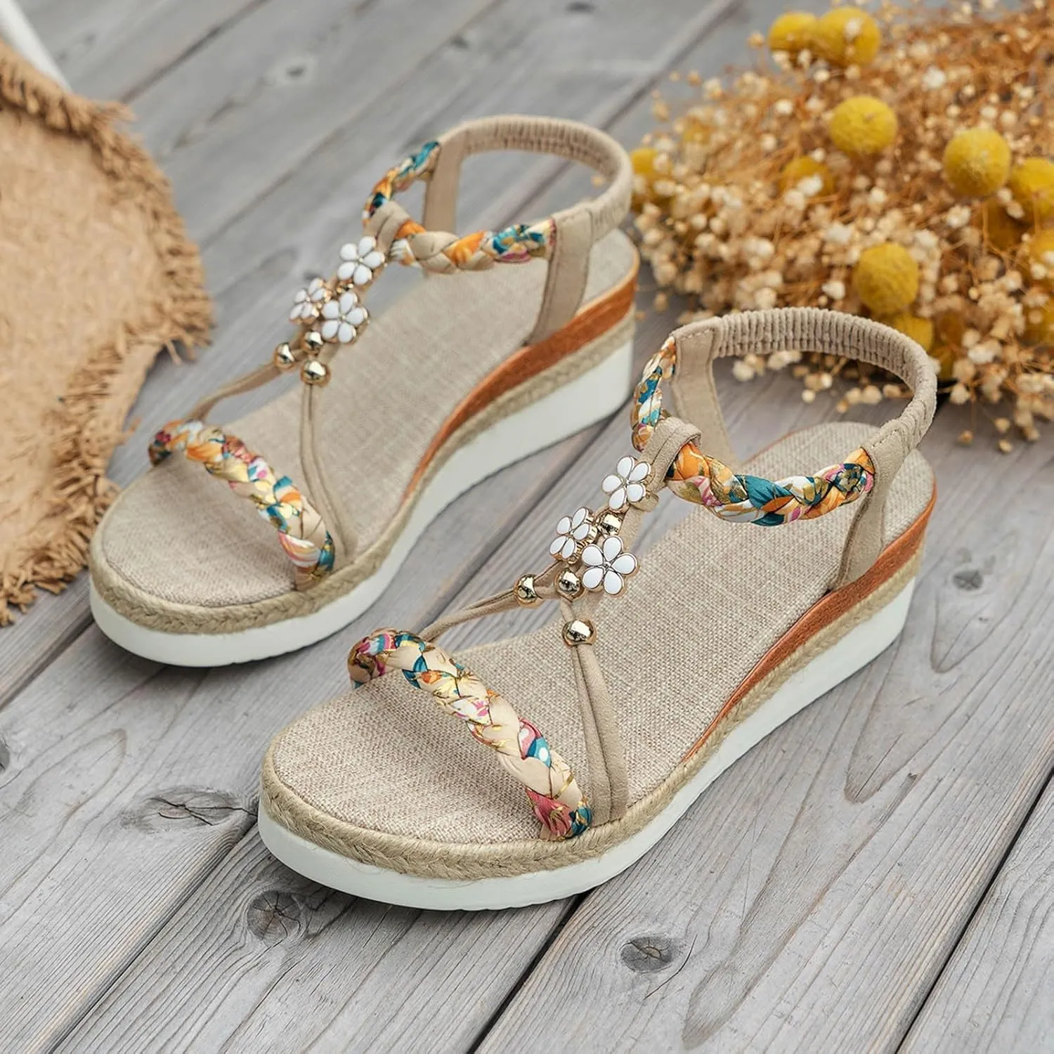 Bohemian Low Wedge Sandals for Women Summer Fashion Wide Width Platform Slip On Ankle Strap Beach Shoes Casual Fashion Multicoloured Open Toe Woven Sandals