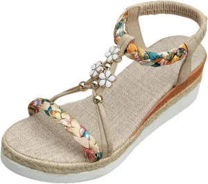 Bohemian Low Wedge Sandals for Women Summer Fashion Wide Width Platform Slip On Ankle Strap Beach Shoes Casual Fashion Multicoloured Open Toe Woven Sandals