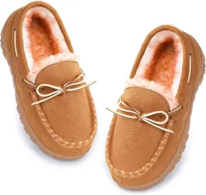 Boys & Girls Memory Foam Moccasin Slippers - Furry Plush Lining, Non-Slip Indoor/Outdoor for Big Kids, Little Kids & Toddler