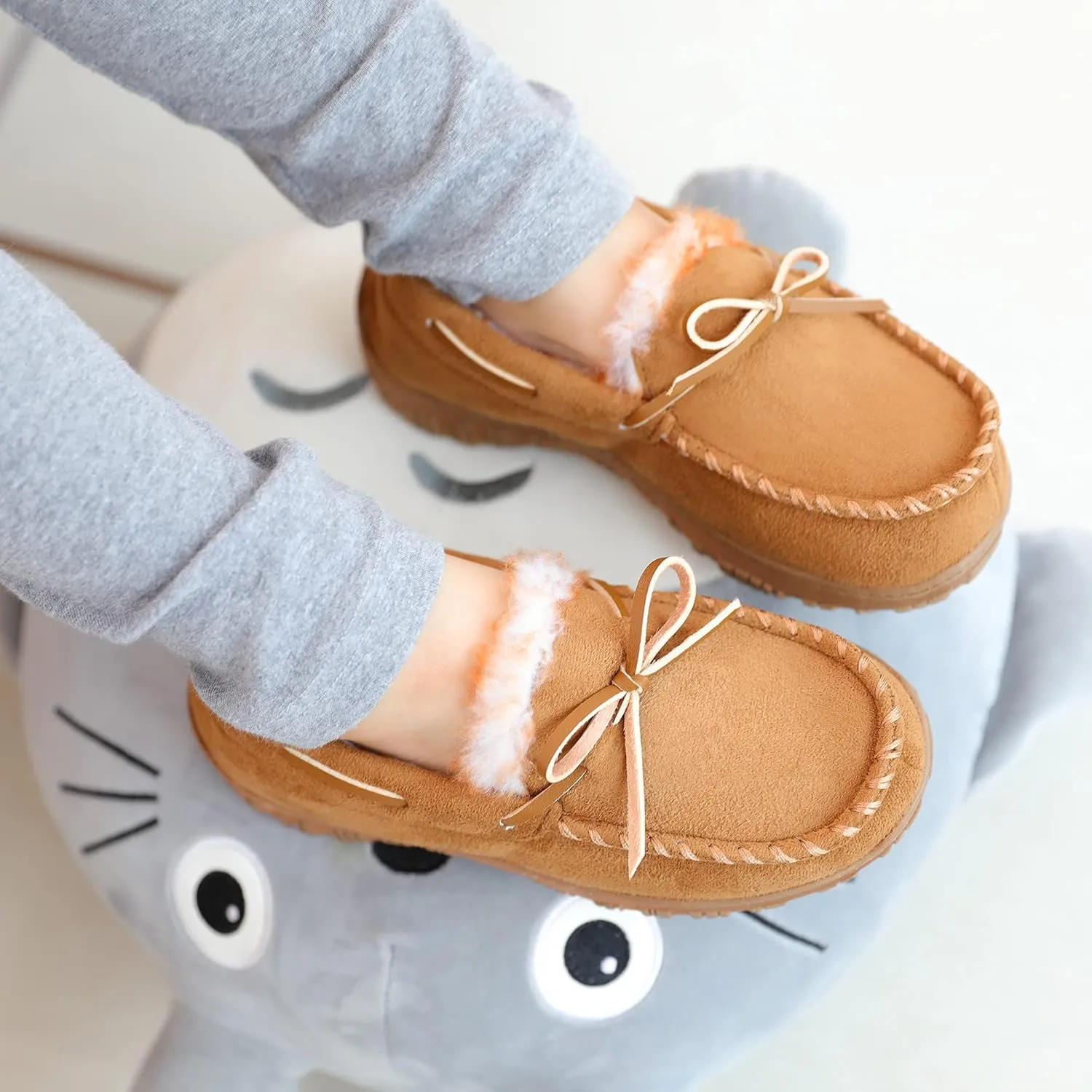 Boys & Girls Memory Foam Moccasin Slippers - Furry Plush Lining, Non-Slip Indoor/Outdoor for Big Kids, Little Kids & Toddler