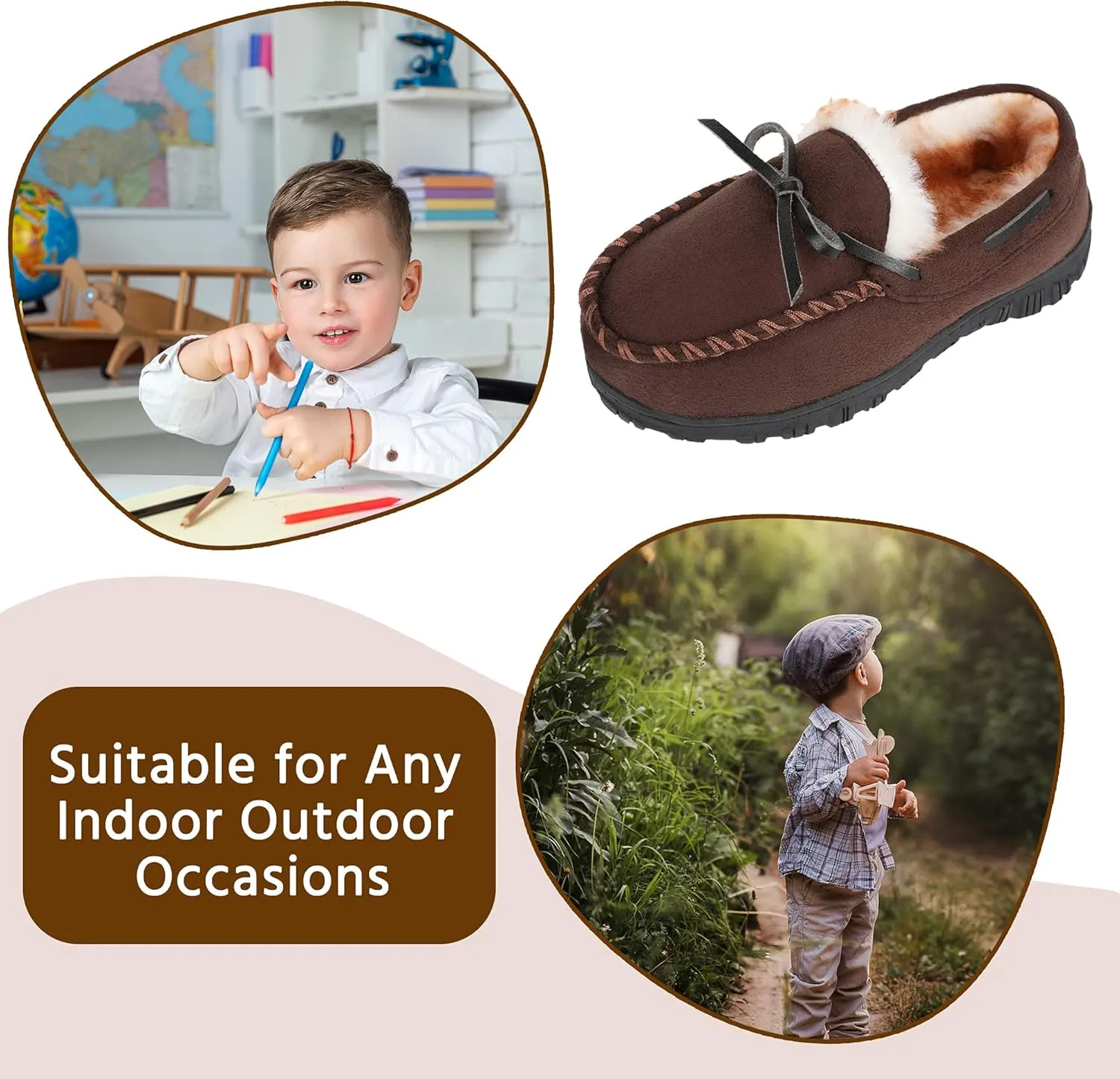 Boys & Girls Memory Foam Moccasin Slippers - Furry Plush Lining, Non-Slip Indoor/Outdoor for Big Kids, Little Kids & Toddler