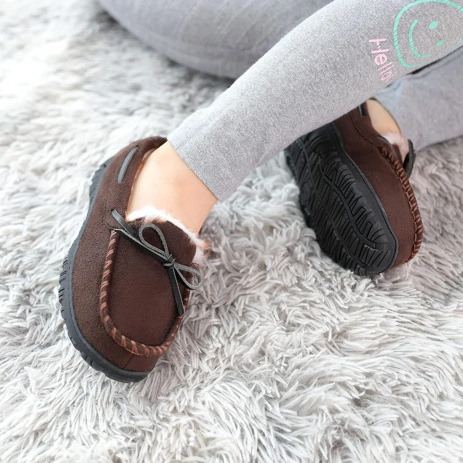 Boys & Girls Memory Foam Moccasin Slippers - Furry Plush Lining, Non-Slip Indoor/Outdoor for Big Kids, Little Kids & Toddler