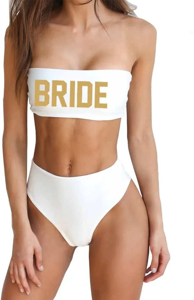 Bride Women 2 Pieces Bandeau Bikini Squad Swimsuits Off Shoulder High Waist Wifey Cheeky Bikinis Set…