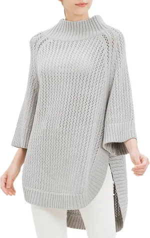 Cable Stitch Women's Rib-Collar Tunic Sweater - Loose Fit Oversized Mock Neck 3/4 Sleeve Pullover Poncho Cover-up Top