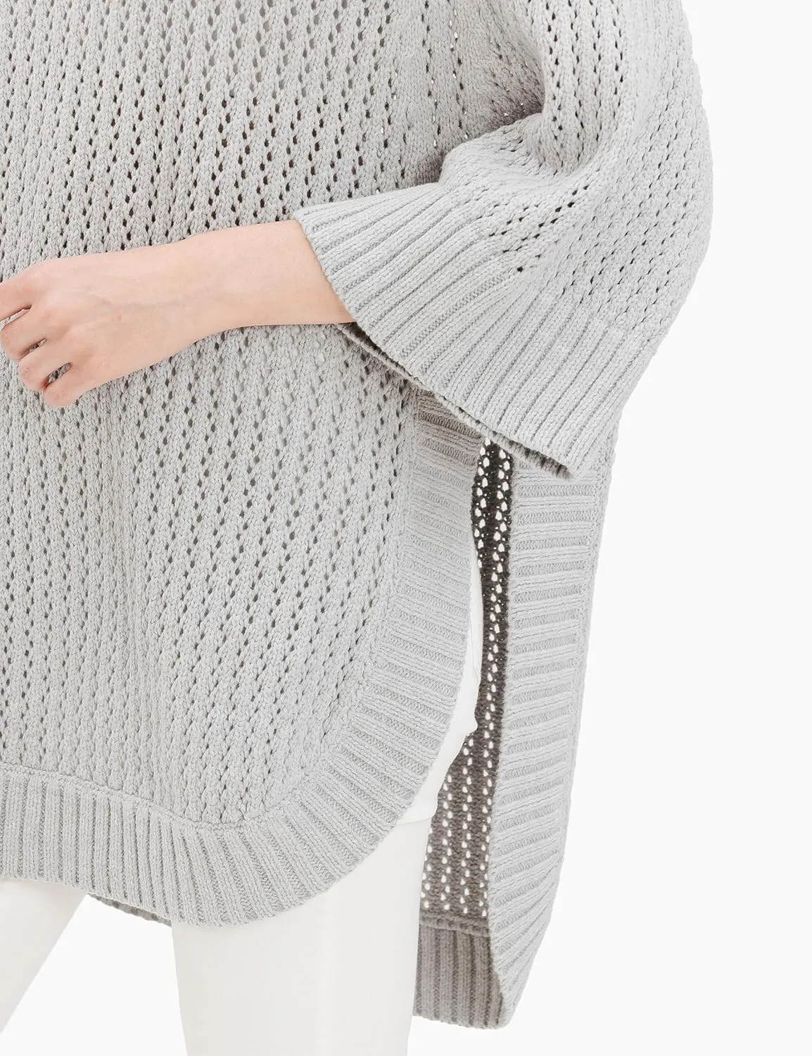 Cable Stitch Women's Rib-Collar Tunic Sweater - Loose Fit Oversized Mock Neck 3/4 Sleeve Pullover Poncho Cover-up Top