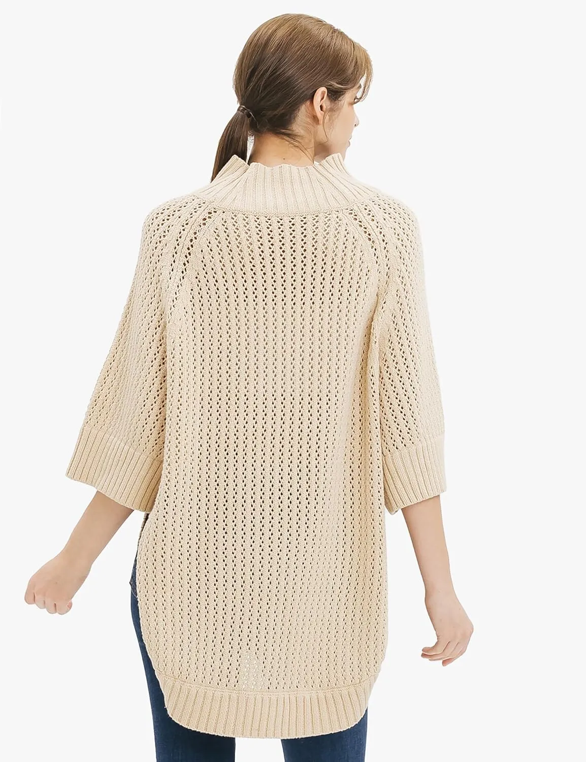 Cable Stitch Women's Rib-Collar Tunic Sweater - Loose Fit Oversized Mock Neck 3/4 Sleeve Pullover Poncho Cover-up Top