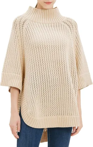 Cable Stitch Women's Rib-Collar Tunic Sweater - Loose Fit Oversized Mock Neck 3/4 Sleeve Pullover Poncho Cover-up Top