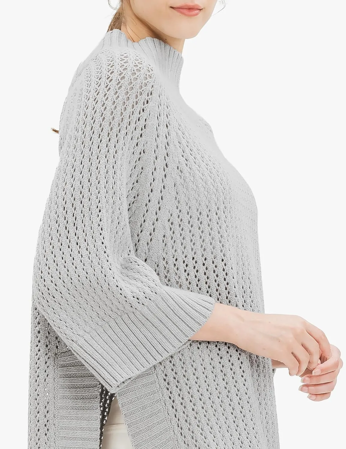 Cable Stitch Women's Rib-Collar Tunic Sweater - Loose Fit Oversized Mock Neck 3/4 Sleeve Pullover Poncho Cover-up Top