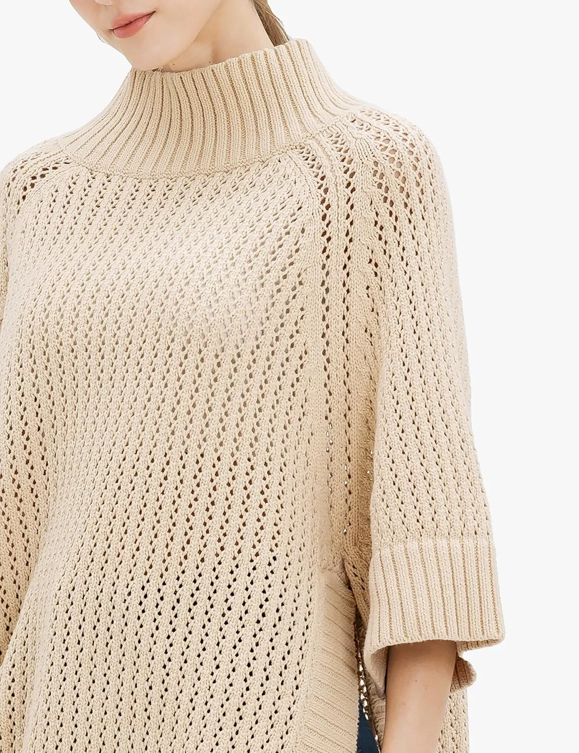 Cable Stitch Women's Rib-Collar Tunic Sweater - Loose Fit Oversized Mock Neck 3/4 Sleeve Pullover Poncho Cover-up Top
