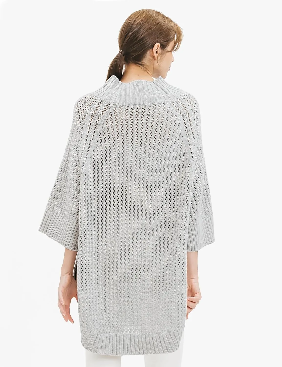 Cable Stitch Women's Rib-Collar Tunic Sweater - Loose Fit Oversized Mock Neck 3/4 Sleeve Pullover Poncho Cover-up Top