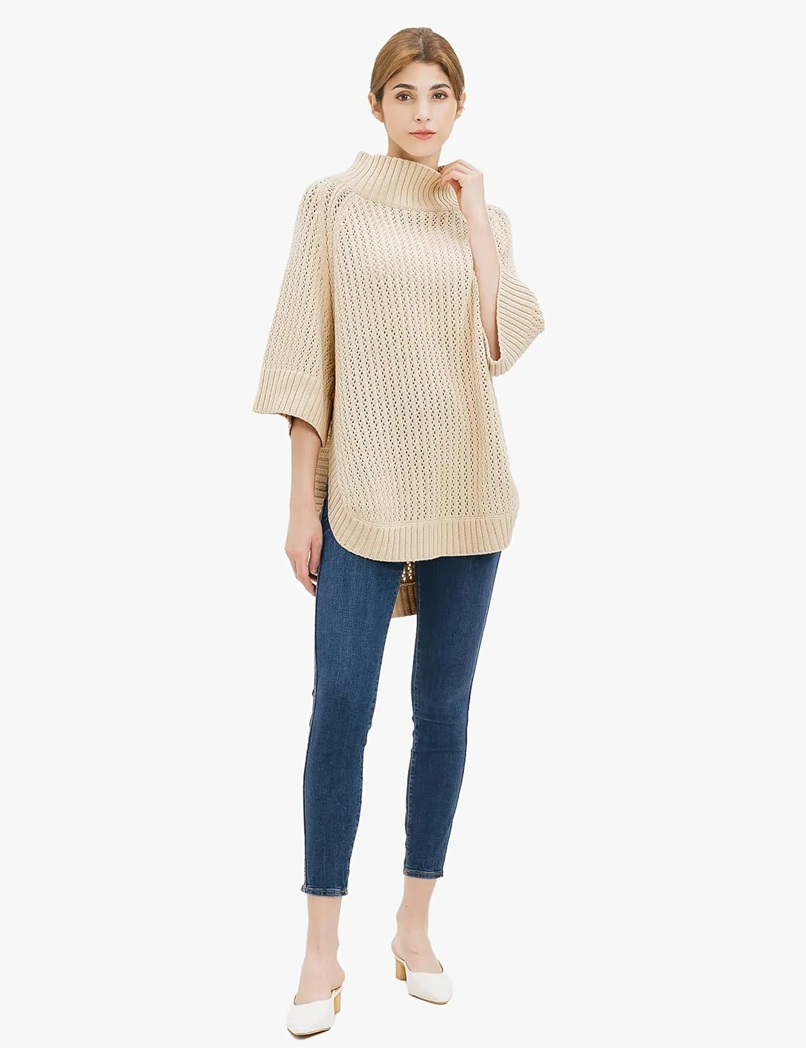 Cable Stitch Women's Rib-Collar Tunic Sweater - Loose Fit Oversized Mock Neck 3/4 Sleeve Pullover Poncho Cover-up Top