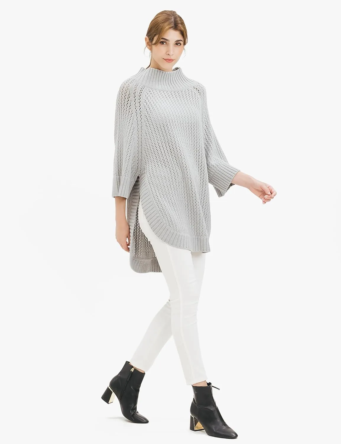 Cable Stitch Women's Rib-Collar Tunic Sweater - Loose Fit Oversized Mock Neck 3/4 Sleeve Pullover Poncho Cover-up Top