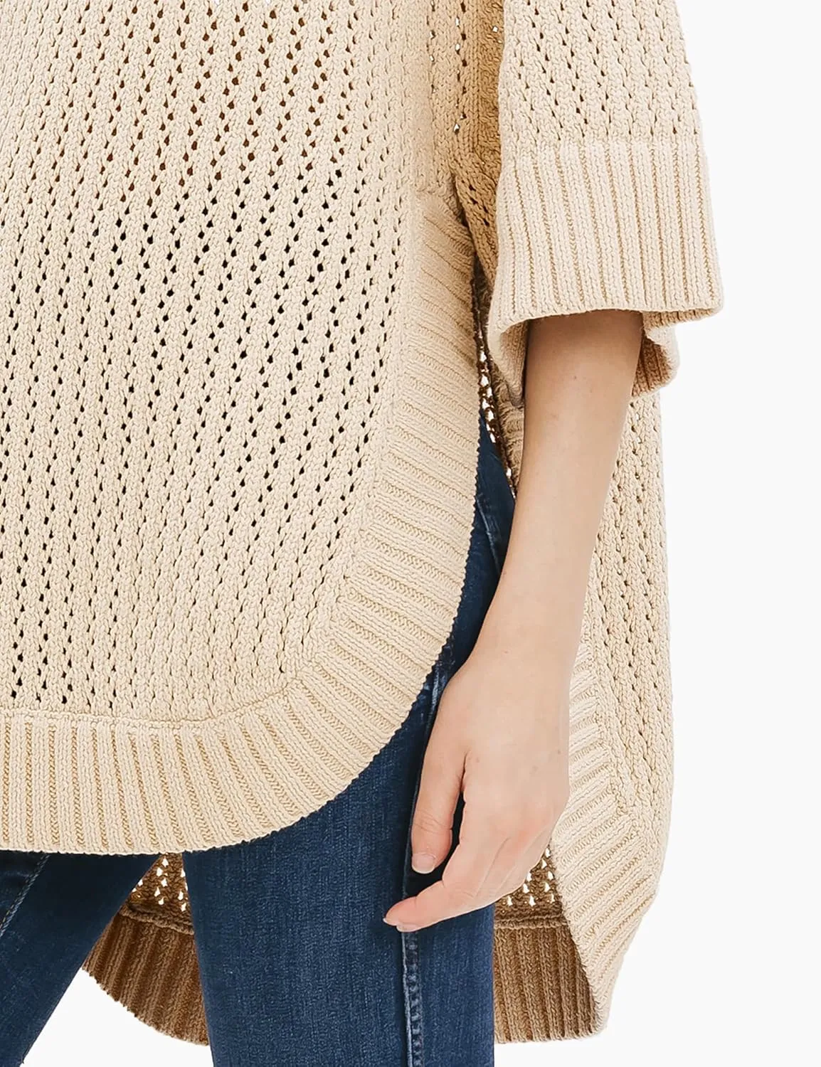 Cable Stitch Women's Rib-Collar Tunic Sweater - Loose Fit Oversized Mock Neck 3/4 Sleeve Pullover Poncho Cover-up Top