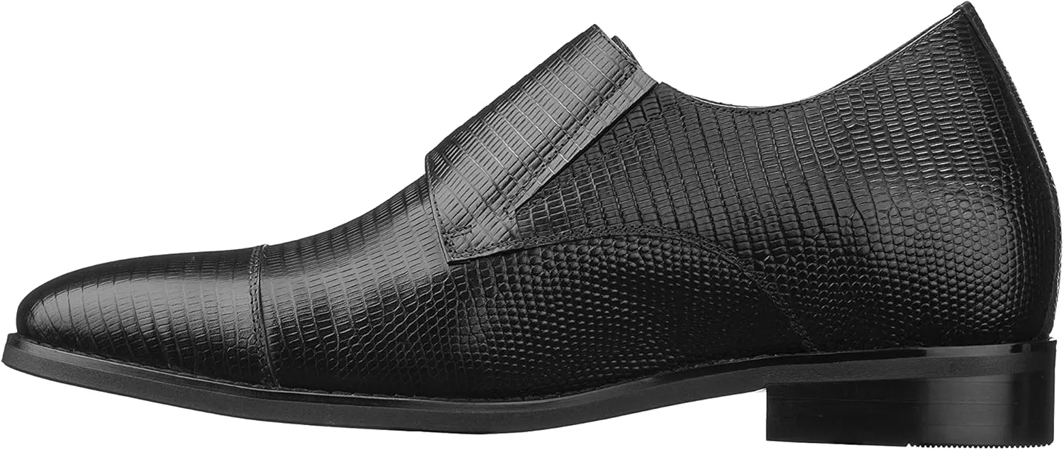 CALTO Men's Invisible Height Increasing Elevator Shoes - Black Leather Slip-on Dual Monk Straps Formal Loafers- 2.8 Inches Taller - K3114 - Size 9 D(M) US