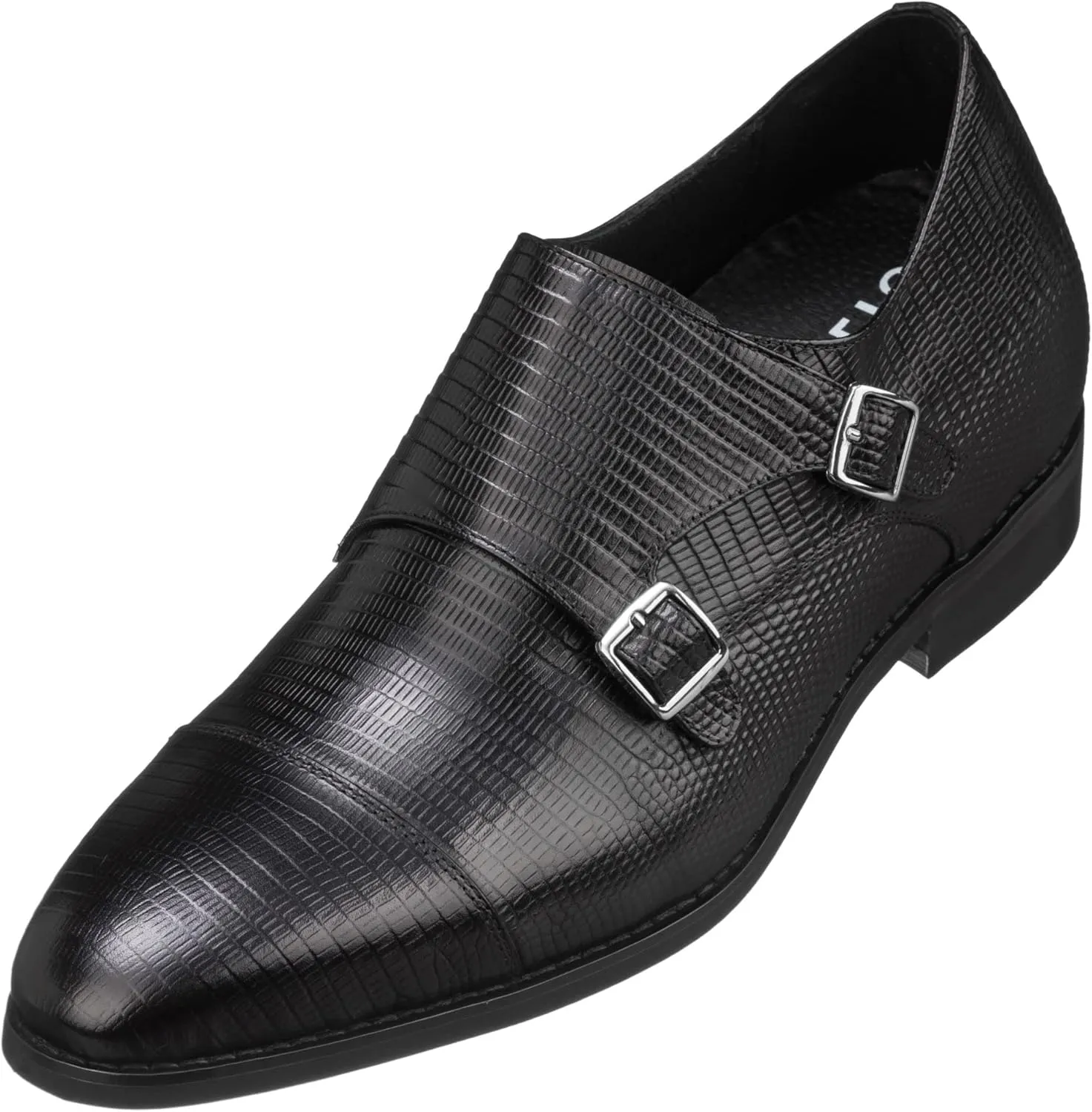 CALTO Men's Invisible Height Increasing Elevator Shoes - Black Leather Slip-on Dual Monk Straps Formal Loafers- 2.8 Inches Taller - K3114 - Size 9 D(M) US