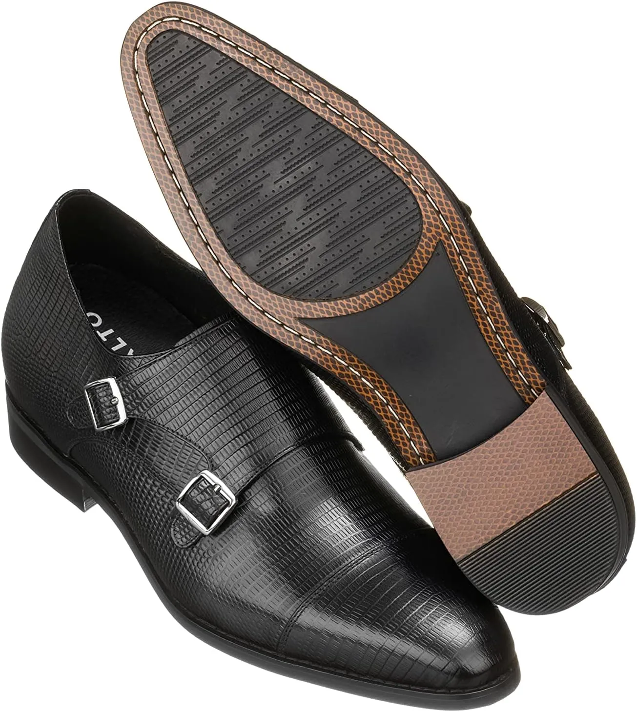 CALTO Men's Invisible Height Increasing Elevator Shoes - Black Leather Slip-on Dual Monk Straps Formal Loafers- 2.8 Inches Taller - K3114 - Size 9 D(M) US