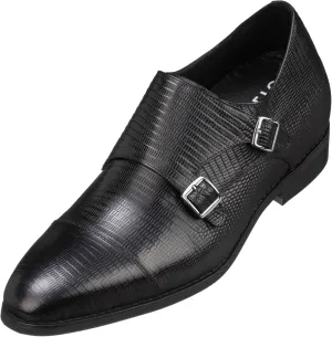 CALTO Men's Invisible Height Increasing Elevator Shoes - Black Leather Slip-on Dual Monk Straps Formal Loafers- 2.8 Inches Taller - K3114 - Size 9 D(M) US