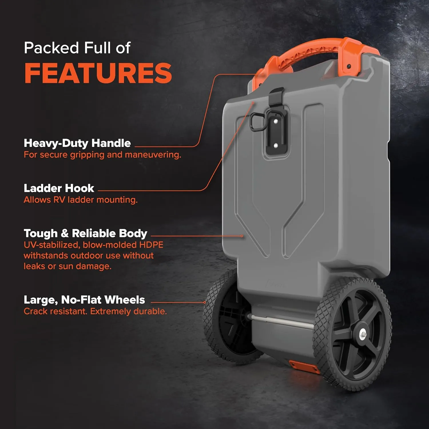 Camco Rhino 21-Gallon RV Portable Waste Tank - Features Large Heavy-Duty No-Flat Wheels & Low Drain Hole - Includes Removable Steel Tow Adapter, 3’ Sewer Hose & More RV Accessories (39002)