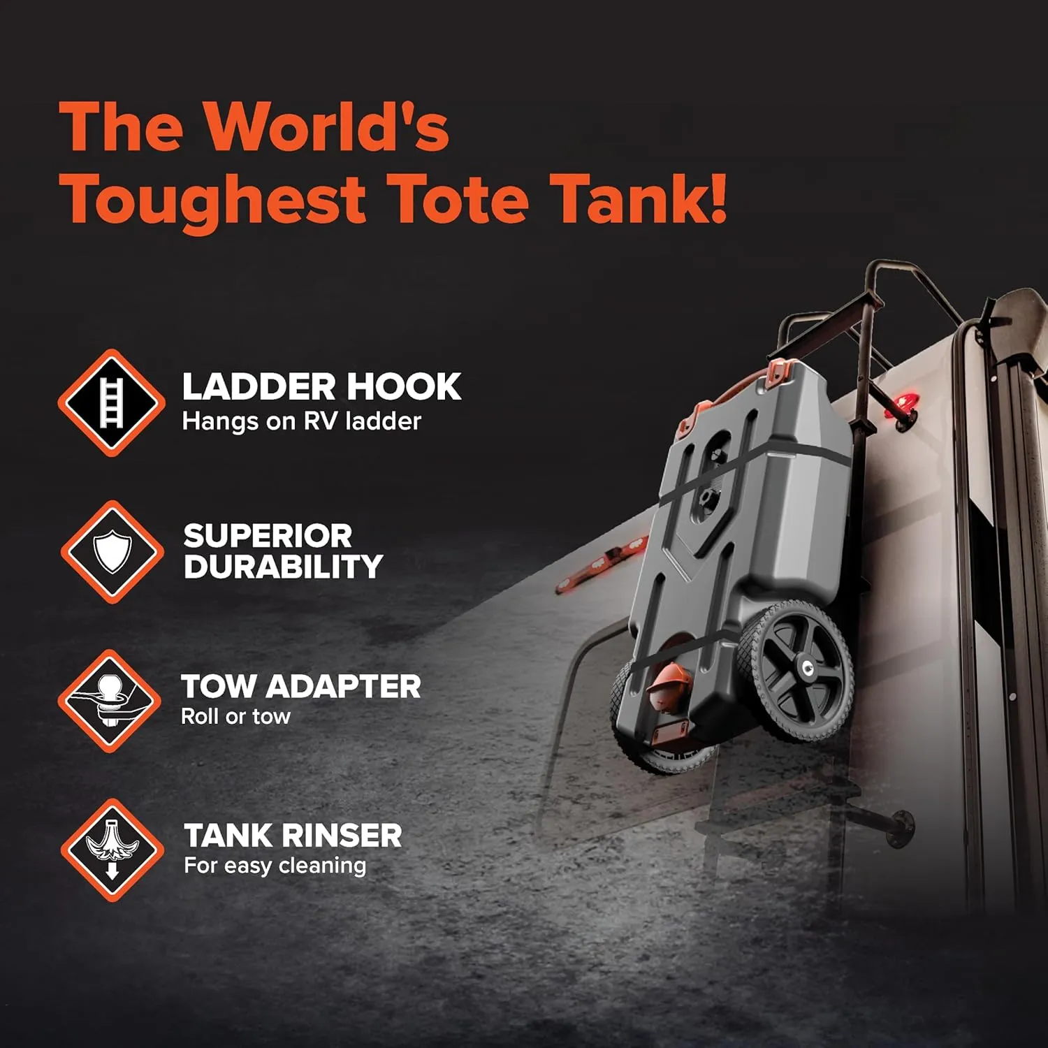 Camco Rhino 21-Gallon RV Portable Waste Tank - Features Large Heavy-Duty No-Flat Wheels & Low Drain Hole - Includes Removable Steel Tow Adapter, 3’ Sewer Hose & More RV Accessories (39002)