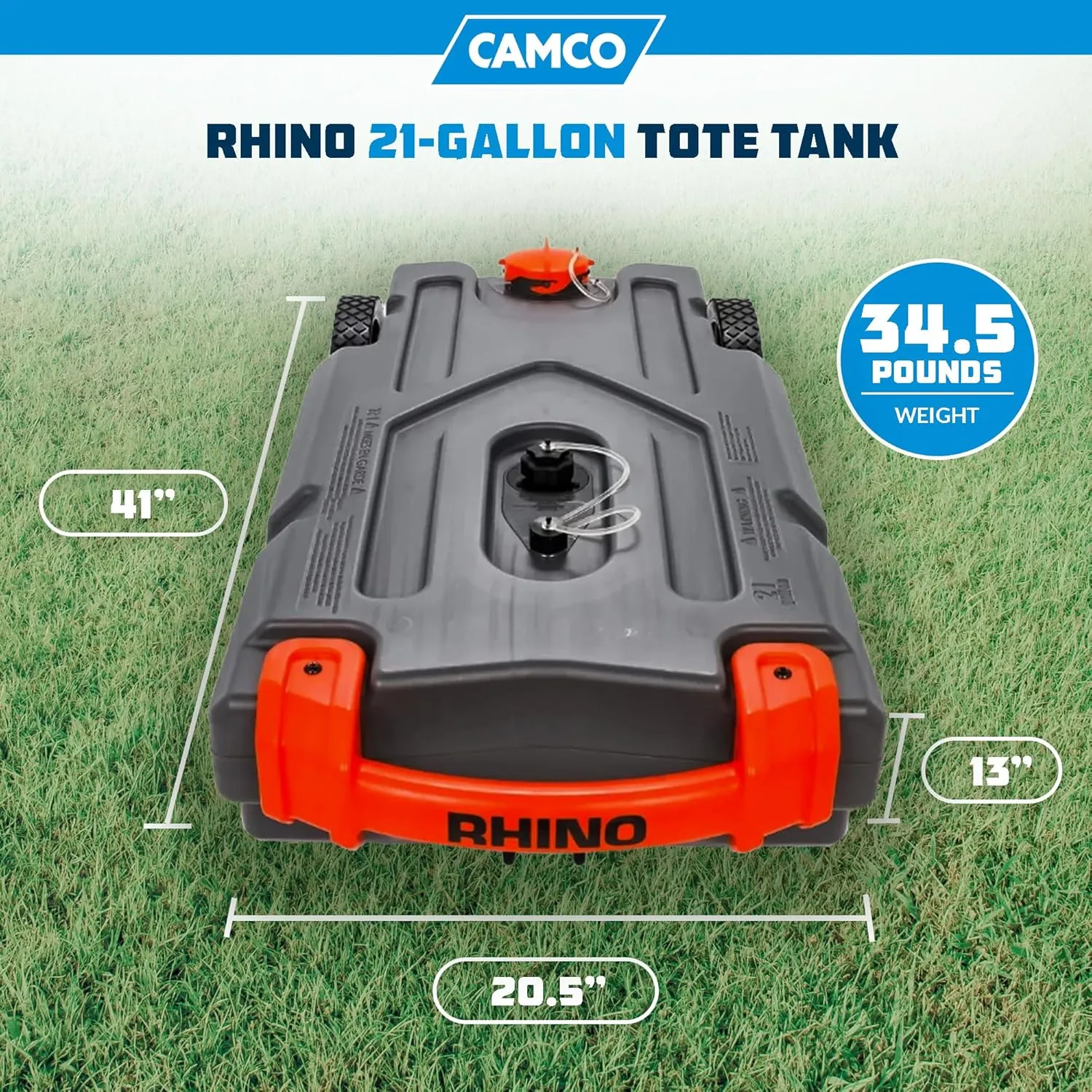 Camco Rhino 21-Gallon RV Portable Waste Tank - Features Large Heavy-Duty No-Flat Wheels & Low Drain Hole - Includes Removable Steel Tow Adapter, 3’ Sewer Hose & More RV Accessories (39002)