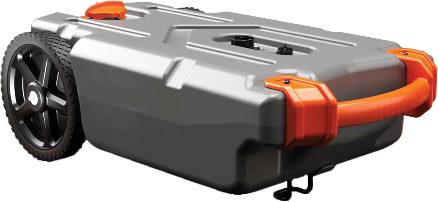 Camco Rhino 21-Gallon RV Portable Waste Tank - Features Large Heavy-Duty No-Flat Wheels & Low Drain Hole - Includes Removable Steel Tow Adapter, 3’ Sewer Hose & More RV Accessories (39002)